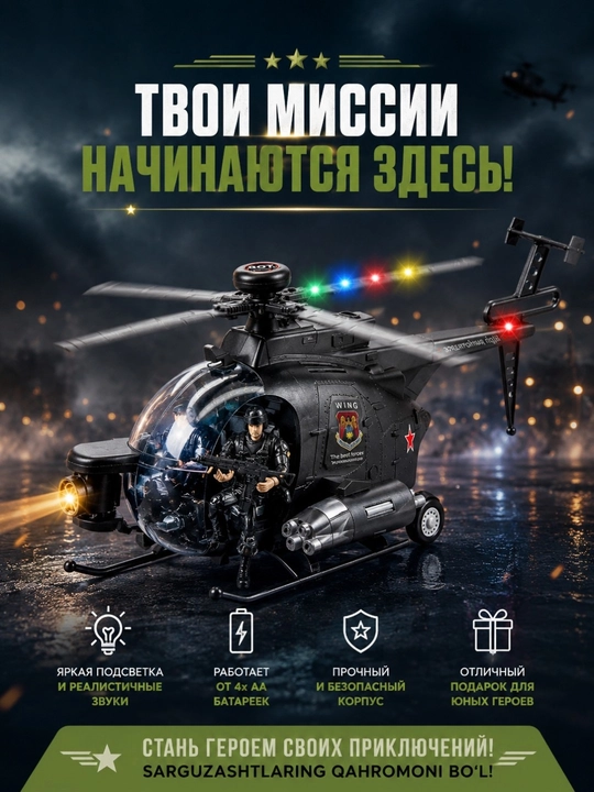 Игрушечный военный вертолёт с русской озвучкой, светом и движением