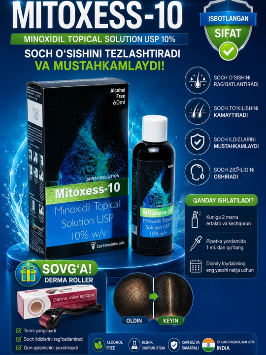 Миноксидил Mitoxess Minoxidil Topical Solution USP 10%, для роста волос и бороды, 60 мл - 