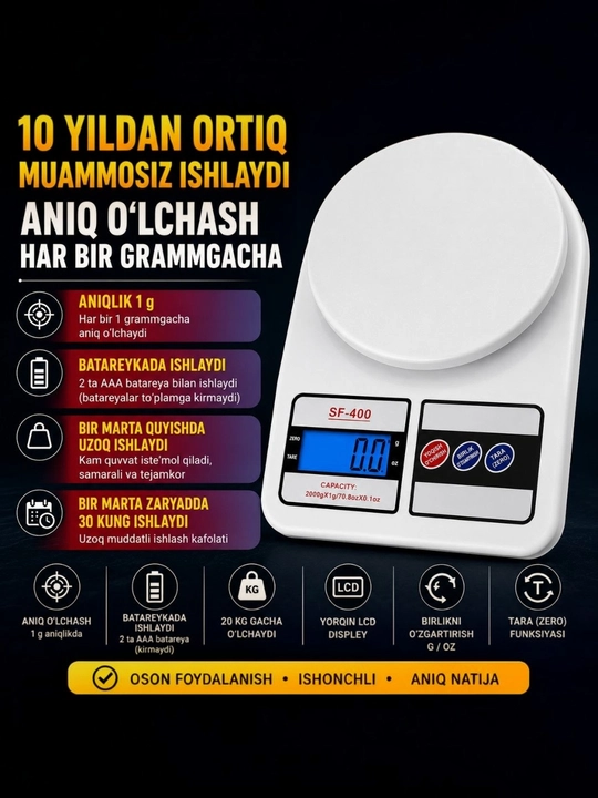 SF-400 Elektron Tarozi – 1 g Aniqlik, LCD Ekran, Batareyada Ishlaydi - 