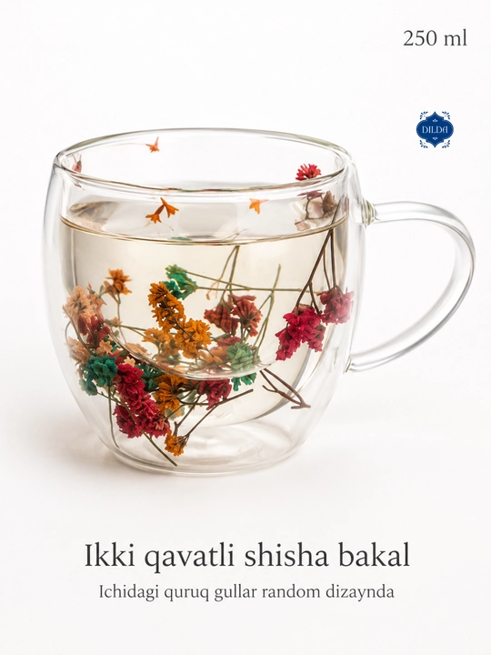 Sovg‘alik shaffof shisha krujka, ikki qavat devorli, issiqqa chidamli
