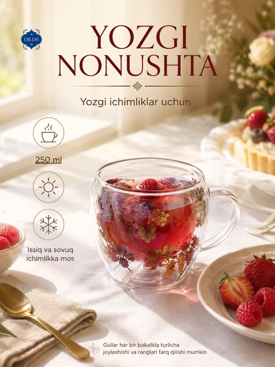 Sovg‘alik shaffof shisha krujka, ikki qavat devorli, issiqqa chidamli