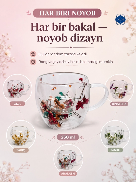Sovg‘alik shaffof shisha krujka, ikki qavat devorli, issiqqa chidamli