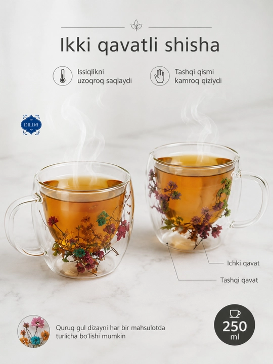 Sovg‘alik shaffof shisha krujka, ikki qavat devorli, issiqqa chidamli