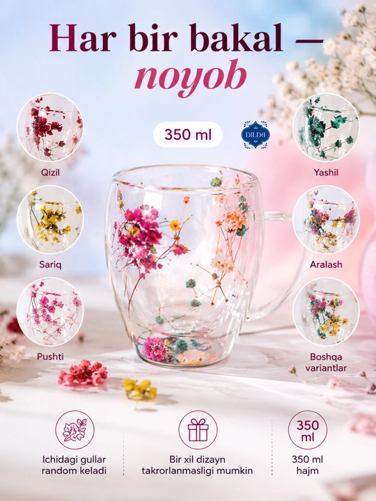 Sovg‘alik shaffof shisha krujka, ikki qavat devorli, issiqqa chidamli