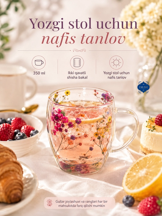 Sovg‘alik shaffof shisha krujka, ikki qavat devorli, issiqqa chidamli - 