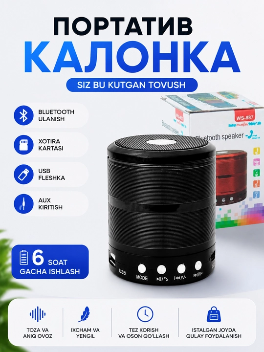 WS-887 Mini Kolonka – Simsiz Ovoz, USB va Bluetooth bilan Qulay Audio Qurilma - 