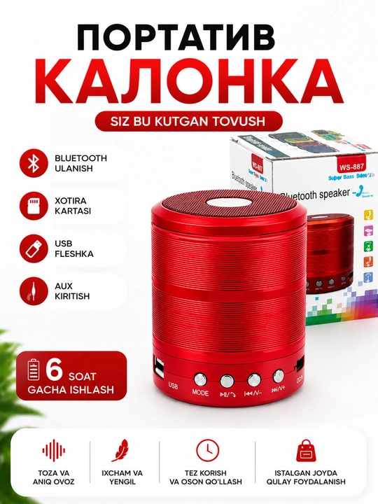 WS-887 Mini Kolonka – Simsiz Ovoz, USB va Bluetooth bilan Qulay Audio Qurilma - 