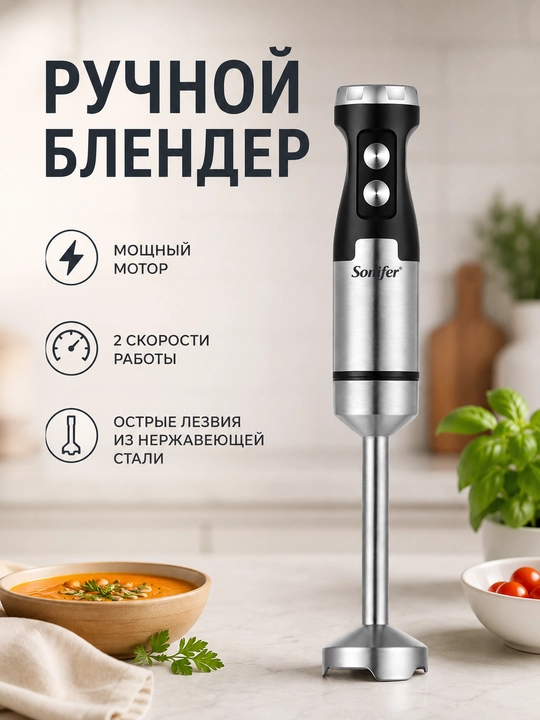 Ручной блендер Sonifer SF-8153, погружной блендер, чёрный, 1000W, бытовая техника кухни - 