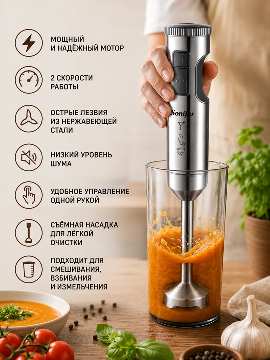 Ручной блендер Sonifer SF-8070 белый 800W, погружной блендер, кухонный блендер для дома