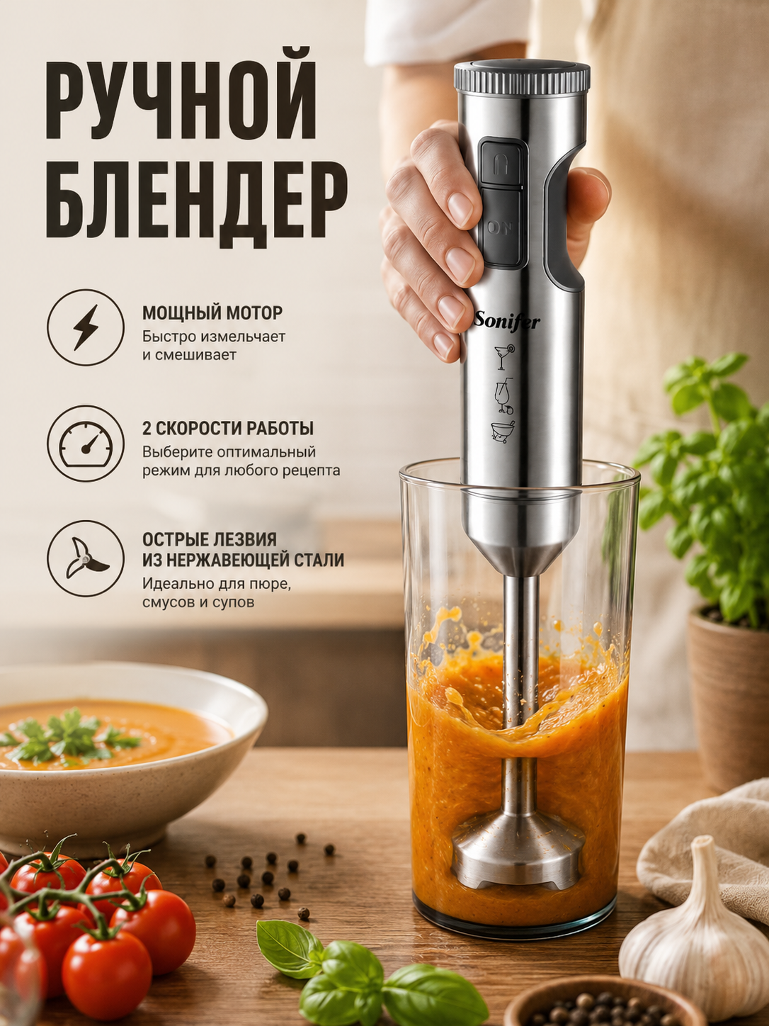 Ручной блендер Sonifer SF-8070 белый 800W, погружной блендер, кухонный блендер для дома - 
