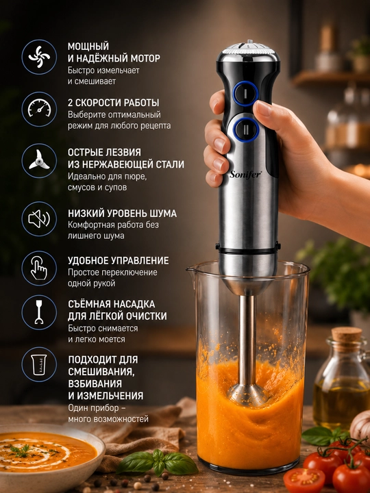 Блендер ручной Sonifer SF-8092S, погружной блендер, 1200W, черно-серый, для дома и кухни