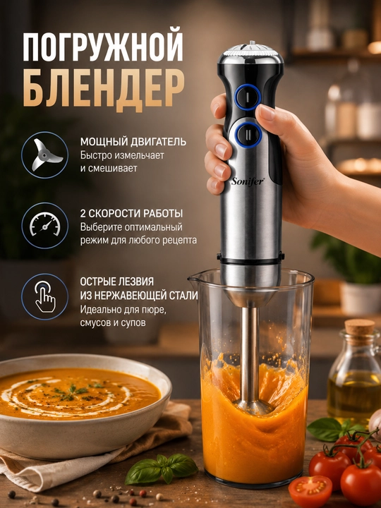 Блендер ручной Sonifer SF-8092S, погружной блендер, 1200W, черно-серый, для дома и кухни - 