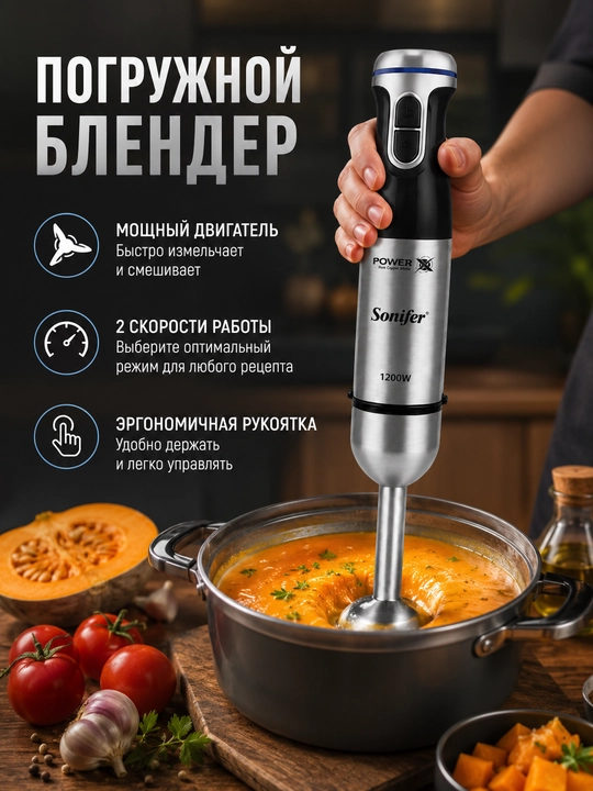 Ручной блендер Sonifer, погружной блендер, из нержавеющей стали, чёрный, компактный размер - 