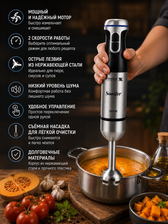 Ручной блендер Sonifer, погружной блендер, из нержавеющей стали, чёрный, компактный размер