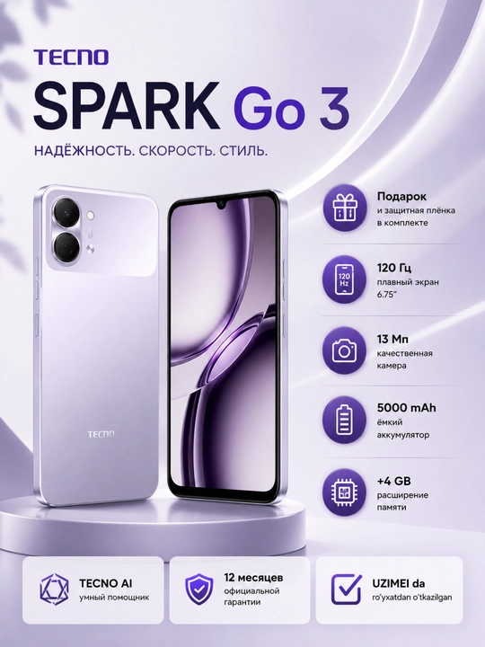 Smartfon Tecno Go 3, 5000 mA/s, 2 sim kartalik, 120 Hz, 1 yillik kafolat - 