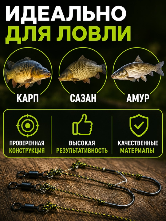 Hair Rig sochli montaj 3 dona, igna va stoporlar bilan, tayyor karp ilgagi
