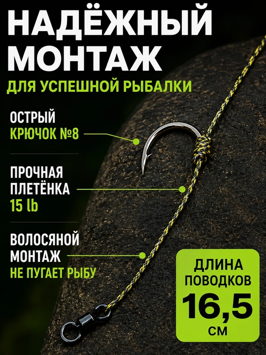 Hair Rig sochli montaj 3 dona, igna va stoporlar bilan, tayyor karp ilgagi