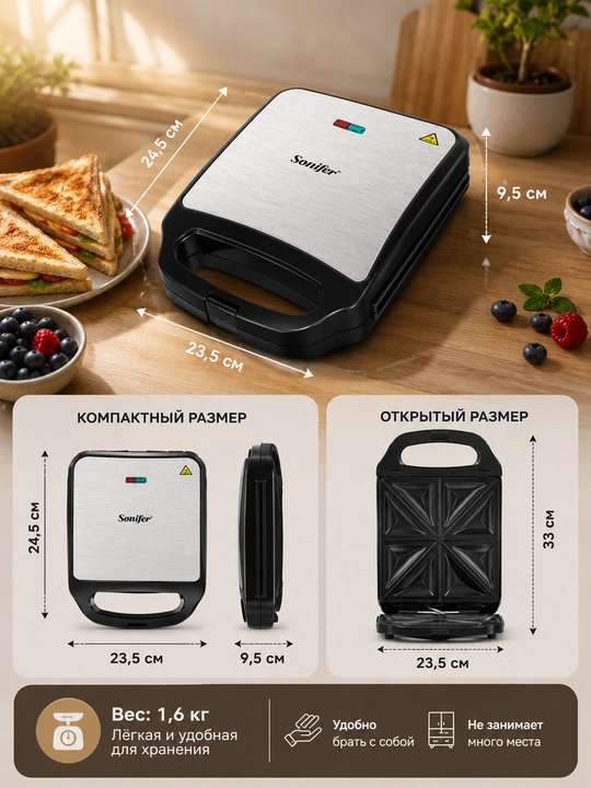 Сэндвичница Sonifer SF-6087 3 в 1, 1200W, электрическая бутербродница, вафельница