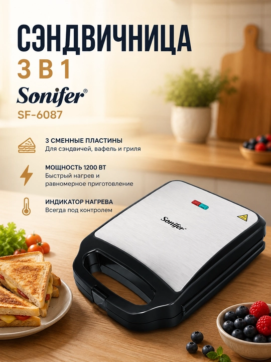 Сэндвичница Sonifer SF-6087 3 в 1, 1200W, электрическая бутербродница, вафельница - 