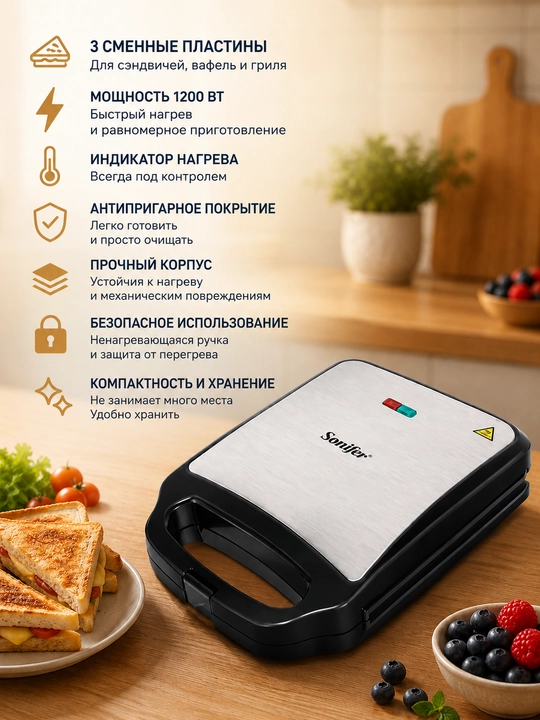 Сэндвичница Sonifer SF-6087 3 в 1, 1200W, электрическая бутербродница, вафельница