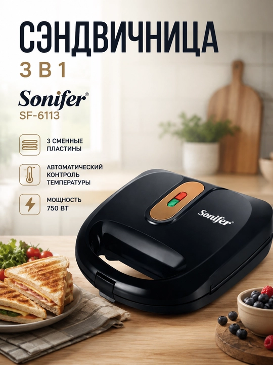 Сэндвичница Sonifer SF-6113 3 в 1, 750W, черная, с функцией вафельницы и мини-гриля - 
