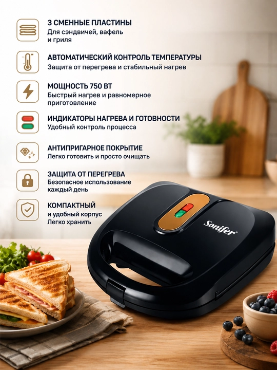 Сэндвичница Sonifer SF-6113 3 в 1, 750W, черная, с функцией вафельницы и мини-гриля