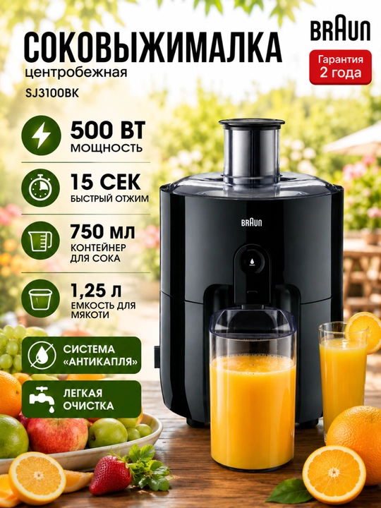 Sharbat chiqargich Braun SJ3100BK, markazdan qochma, 500 Vt, meva va sabzavotlar uchun - 
