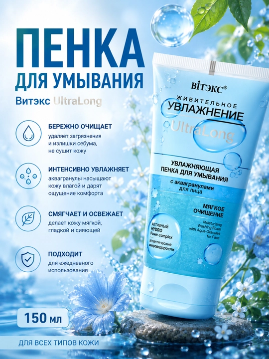 Увлажняющая пенка для умывания лица УВЛАЖНЕНИЕ UltraLong, с аквагранулами, 150 мл, Витэкс - 