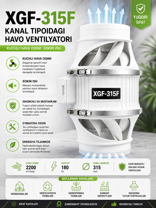 Kanalniy ventilyator plasmassa  uy, oshxona, offis , ommbor  uchun 100, 125, 150, 200 - 