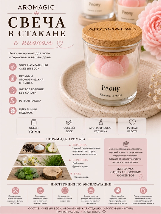 Свеча в стакане с пионом AROMAGIC Камень и море , 75 мл - 