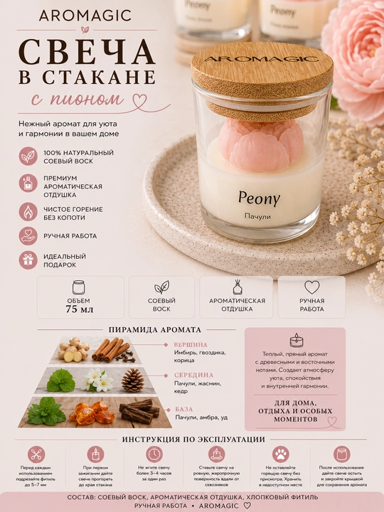 Свеча в стакане с пионом AROMAGIC Пачули, 75 мл - 