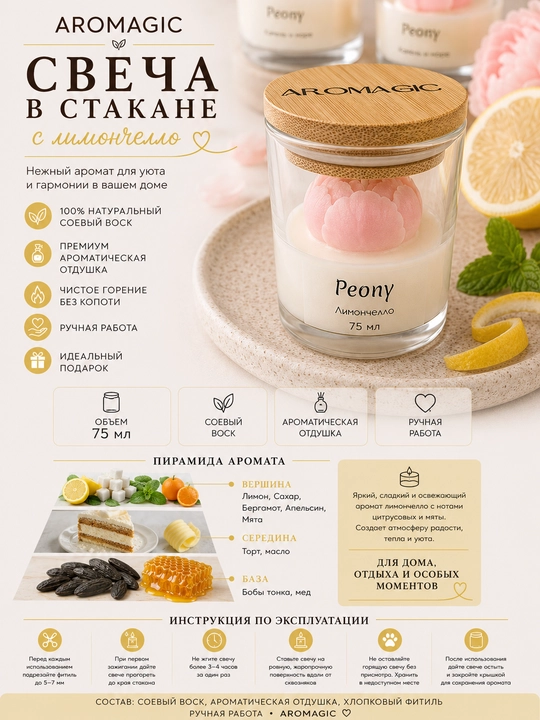 Свеча в стакане с пионом AROMAGIC "Лимончелло", 75 мл - 