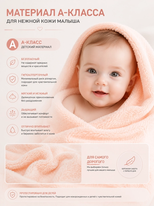 Детское банное полотенце, 110×105 см, мягкое и плотное, класс А, для детей 0-5 лет