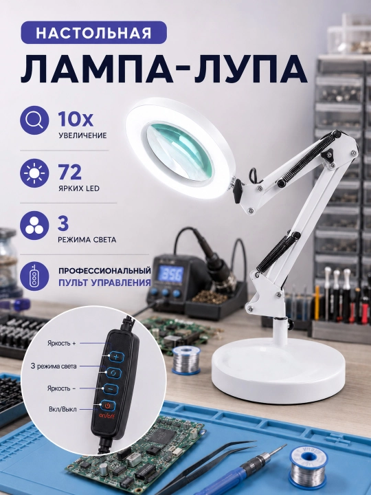 Настольная лампа-лупа 10X с LED-подсветкой для работы и ремонта, белая - 