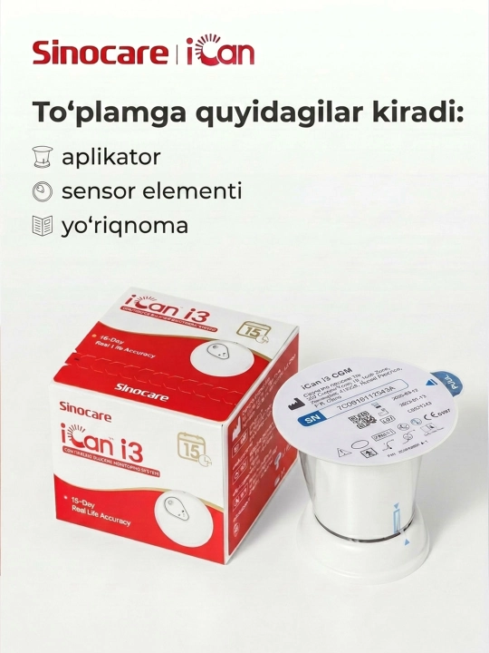 iCan i3 Sinocare CGM uzluksiz glyukoza nazorati tizimi, 15 kun, 2 yoshdan oshgan