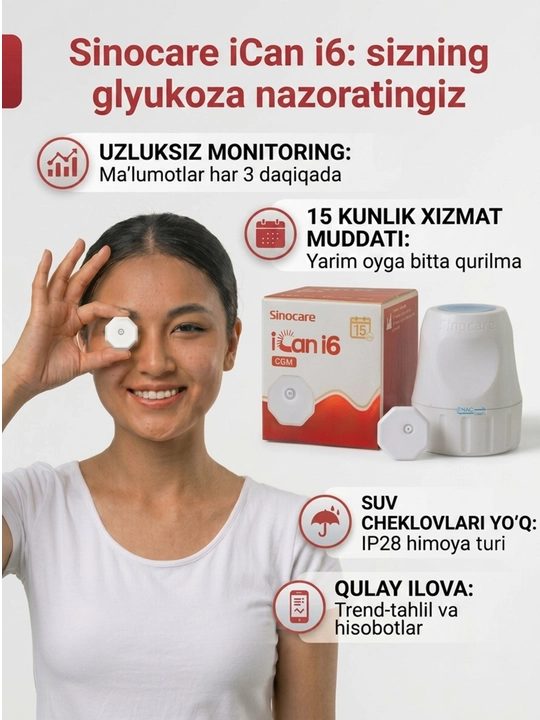 Glyukozani uzluksiz monitoring tizmi ICan i6 Sinocare CGM, 15 kun,  (2+ yosh)