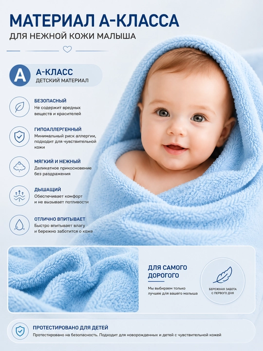 Детское банное полотенце, 110×105 см, мягкое и плотное, класс А, для детей 0-5 лет