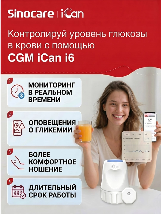 Система непрерывного мониторинга глюкозы iCan i6 Sinocare CGM, 15 дней, (2+ лет) - 