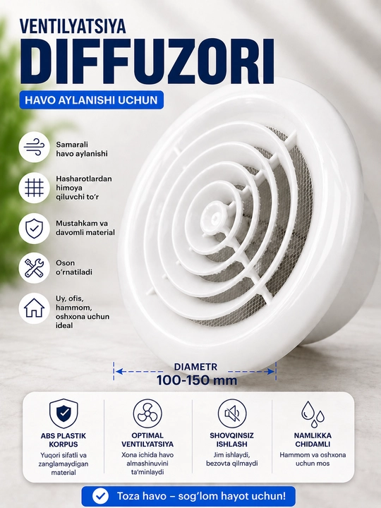 Ventilyatsiya diffuzori, havo ventilyatsiyasi, plastik diffuzor, vent panjara, 100-150 mm - 