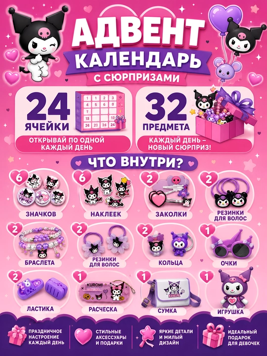 Qizlar uchun Kuromi advent kalendar o'yinchoqlar va aksessuarlar to'plami