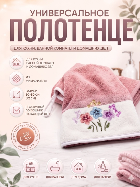 Oshxona va hammom uchun yumshoq mikrofibra sochiq, gul naqshli, 30x50 sm - 