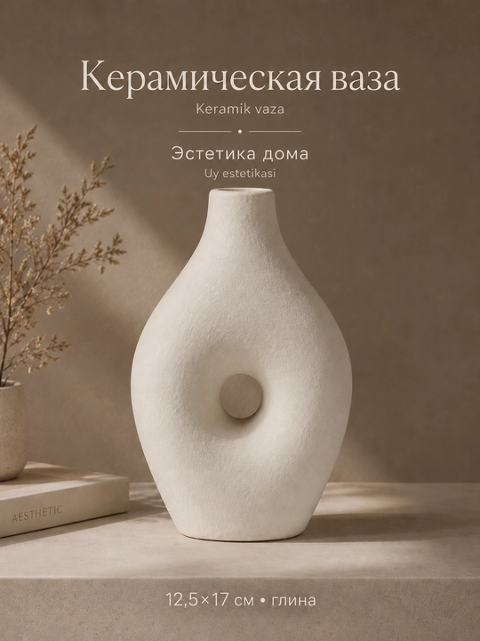 Keramik vaza 12,5×17 sm, oq mat, interyer dekoratsiyasi uchun - 