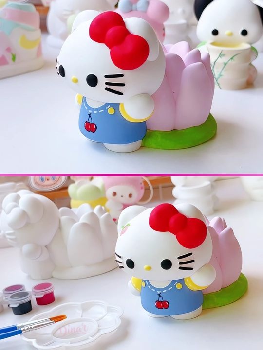 DIY ijodiy to'plami: Sanrio gipsli figuralar kolleksiyasi, bo'yoqlar va mo'yqalam bilan