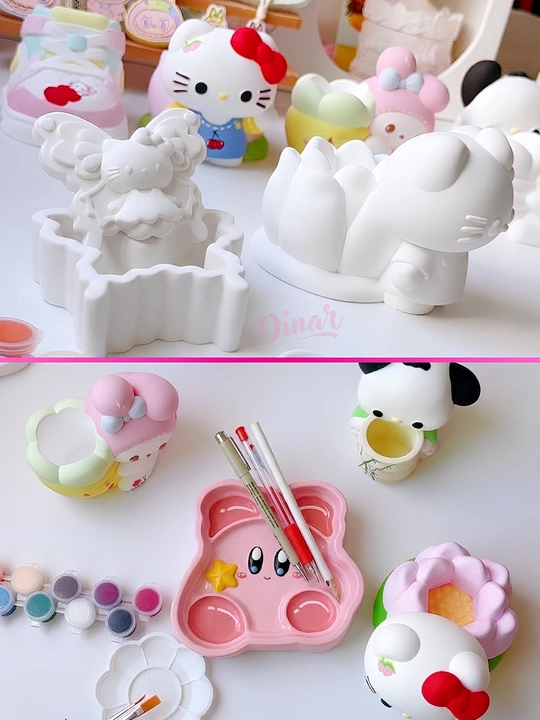 DIY ijodiy to'plami: Sanrio gipsli figuralar kolleksiyasi, bo'yoqlar va mo'yqalam bilan