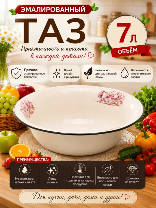 Эмалированный таз 7л - 