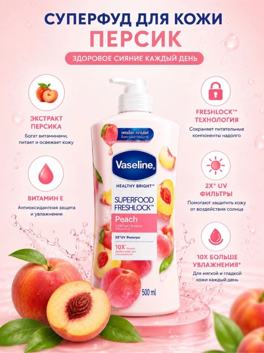 Vaseline Healthy Bright Superfood Freshlock Peach tana losyoni, 500 ml
