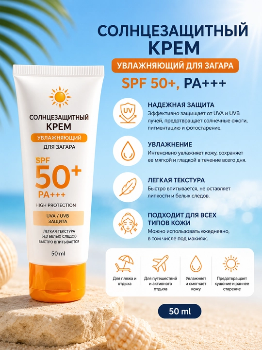 Quyoshdan himoya qiluvchi krem, namlovchi, zagar krem, SPF 50+, PA+++, 50 ml - 