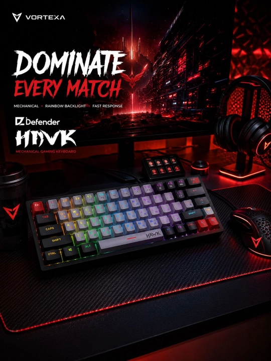 Defender HAWK mexanik o‘yin klaviaturasi, RGB yoritgich, simli