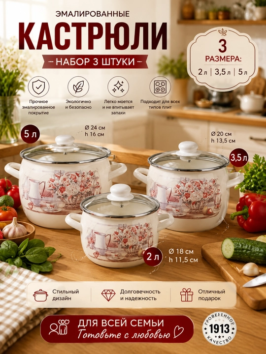 Набор кастрюли 3 шт Эмалированная - 