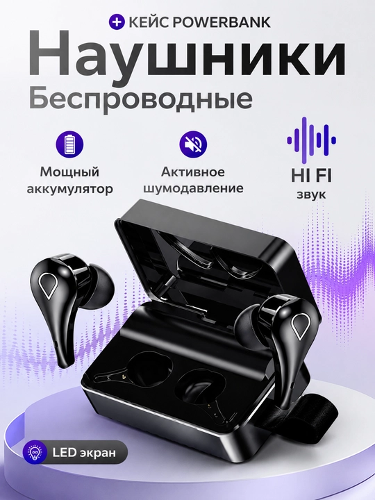 Power Bank funksiyasiga ega simsiz quloqchinlar, LED displeyli g'ilof - 